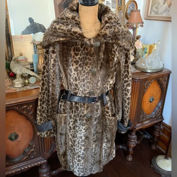 Vintage Amazing Sexy Classy Boho Soft Faux Fur Leopard Print High Collared Coat - Picture 13 of 16